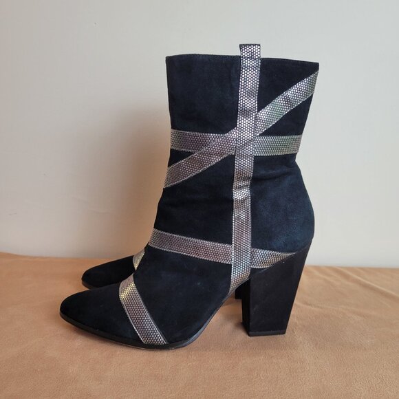 Y2K Vibe Paris Hilton Black Suede Silver Metallic Ankle Boots Size 9 Tawny Heels - Picture 4 of 16